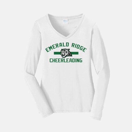 Emerald Ridge High School Cheer V-Neck Long Sleeve Shirt | View: Front | Color: White