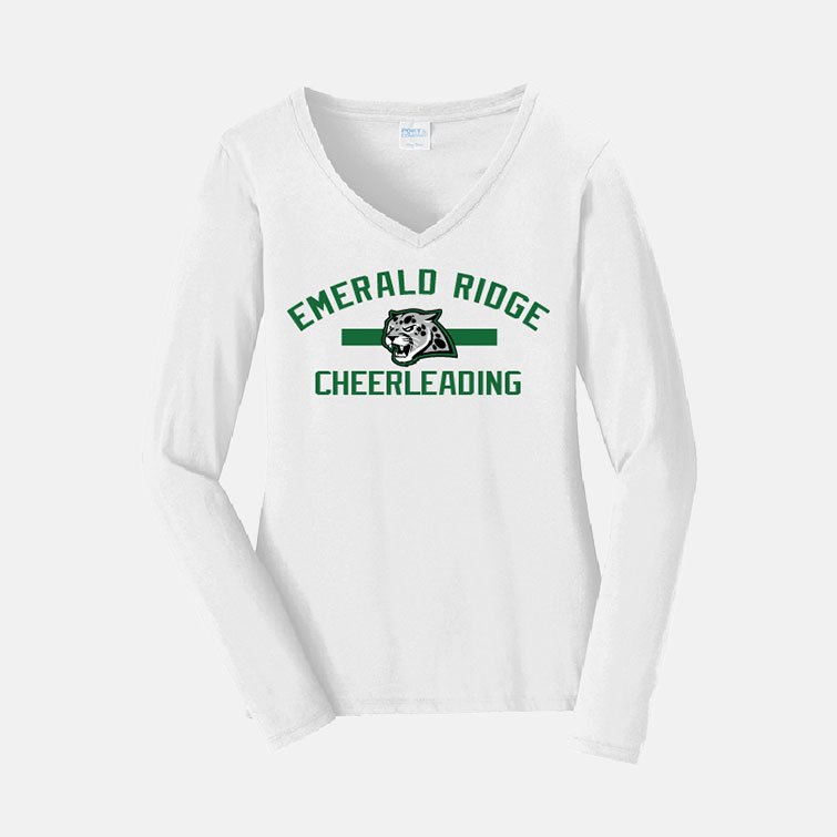 Emerald Ridge High School Cheer V-Neck Long Sleeve Shirt | View: Front | Color: White