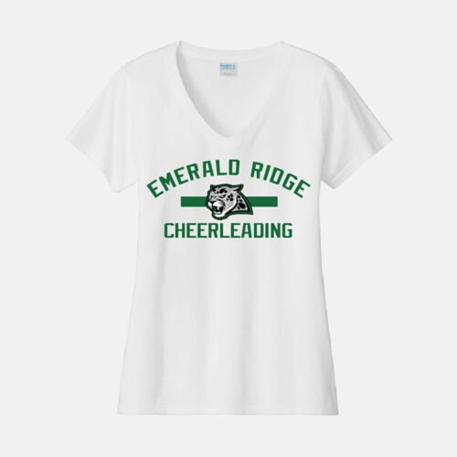 Emerald Ridge High School Cheer V-Neck Shirt | View: Front | Color: White